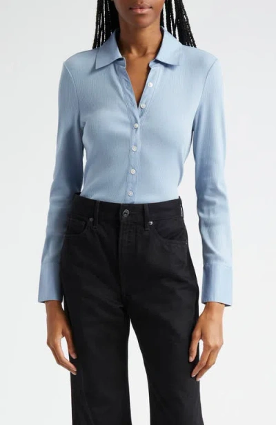 Veronica Beard Scottie Mixed Media Stretch Pima Cotton Button-up Shirt In Smoke Blue