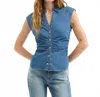 Veronica Beard Sera Center Ruched Sleeveless Denim Button-up Shirt In Blue