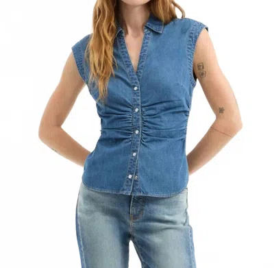 VERONICA BEARD SERA RUCHED DENIM BUTTON-DOWN SHIRT IN SERENDIPITY