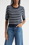 Veronica Beard Shana Stripe Short Sleeve Cashmere Sweater In Navy Ivory