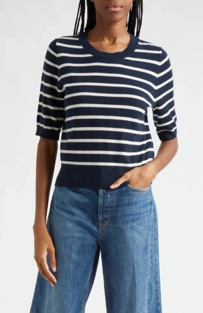 Veronica Beard Shana Stripe Short Sleeve Cashmere Sweater In Navy Ivory