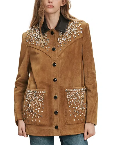 Veronica Beard Shannon Leather Rhinestone Embellished Jacket In Brown