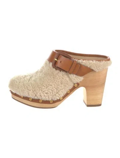 Pre-owned Veronica Beard Shearling Colorblock Pattern Mules In Brown