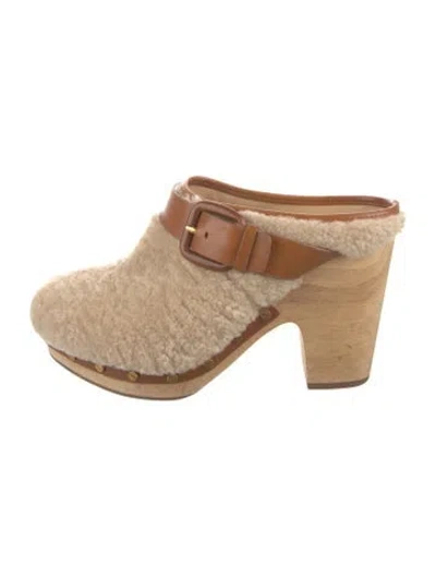 Pre-owned Veronica Beard Shearling Colorblock Pattern Mules In Neutral