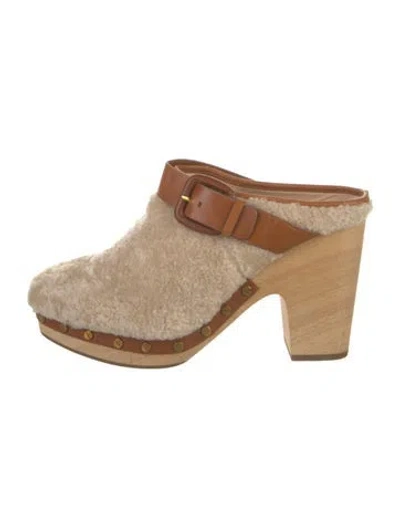 Pre-owned Veronica Beard Shearling Leather Trim Embellishment Mules In Brown
