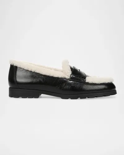 Veronica Beard Shearling-lined Patent Leather Penny Loafers In Brown