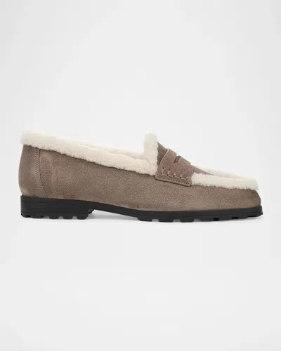 Veronica Beard Shearling-lined Suede Lug Penny Loafers In Multi