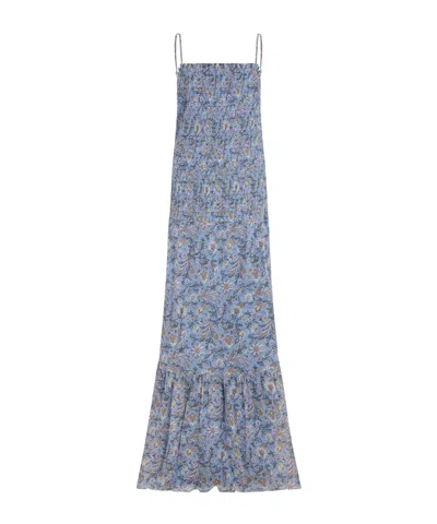 Veronica Beard Shirred Floral Maxi Dress In Blue