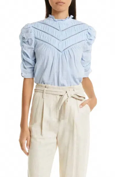 Veronica Beard Shirred Sleeve Eyelet Cotton Blouse In Blue