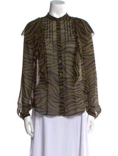 Pre-owned Veronica Beard Silk Animal Print Button-up Top In Green