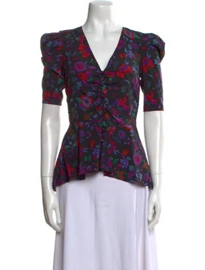 Pre-owned Veronica Beard Silk Floral Print Blouse In Black