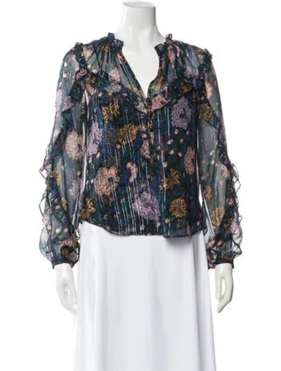 Pre-owned Veronica Beard Silk Floral Print Blouse In Black
