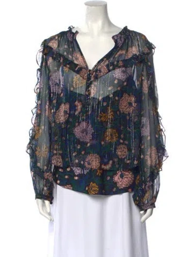 Pre-owned Veronica Beard Silk Floral Print Blouse In Green