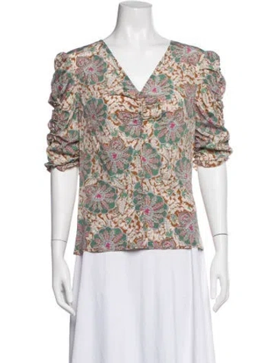 Pre-owned Veronica Beard Silk Floral Print Blouse In White
