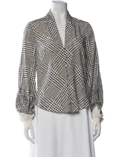 Pre-owned Veronica Beard Silk Houndstooth Print Blouse In White