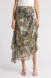 Veronica Beard Sira Ruffle Ruched Silk Tulip Skirt In Army Multi