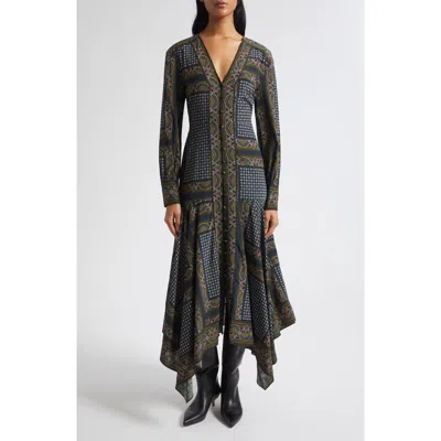 Veronica Beard Skye Tile Print Long Sleeve Handkerchief Hem Silk Blend Shirtdress In Multi