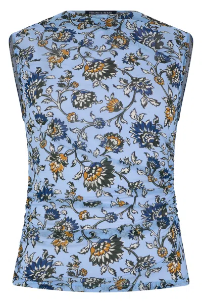 Veronica Beard Sleeveless Floral Top With Relaxed Dropped Shoulders In Light Blue