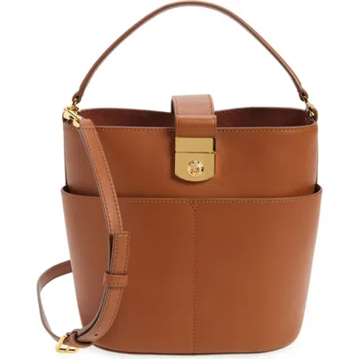 Veronica Beard Small Crest Lock Leather Bucket Bag In Hazelwood