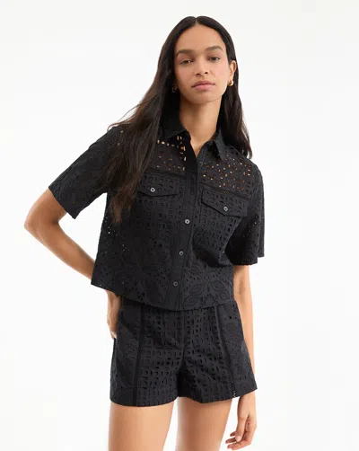 Veronica Beard Spruce Eyelet Short-sleeve Button-down In Black