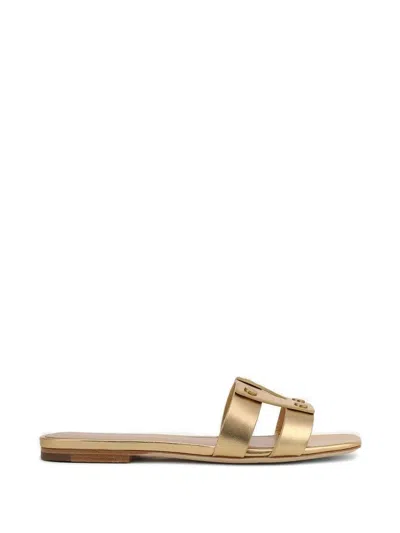 Veronica Beard Via Metallic Leather Flat Slide Sandals In Gold