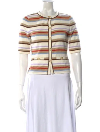 Pre-owned Veronica Beard Striped Crew Neck Button-up Top In White