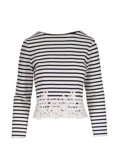 Veronica Beard Striped Lace Blouse In White