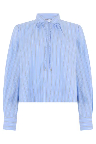 Veronica Beard Striped Long-sleeve Cropped Blouse With Buttons In Light Blue