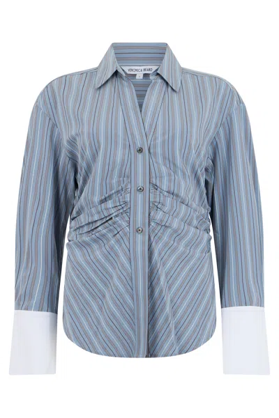 Veronica Beard Striped Long-sleeve Shirt With Contrast White Cuffs In Blue