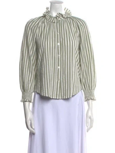 Pre-owned Veronica Beard Striped Mock Neck Button-up Top In Green