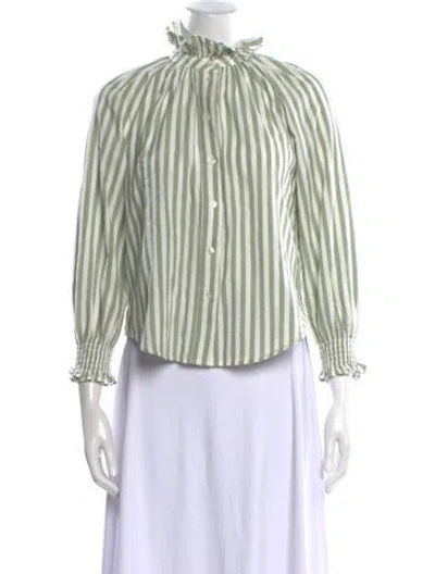 Pre-owned Veronica Beard Striped Mock Neck Button-up Top In Green