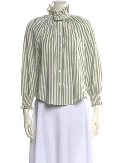 Pre-owned Veronica Beard Striped Mock Neck Button-up Top In Green