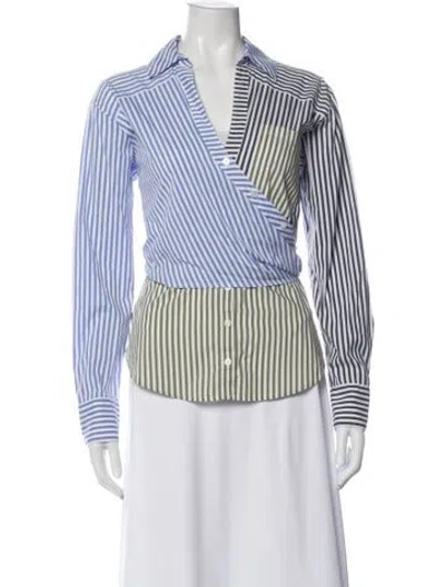 Pre-owned Veronica Beard Striped V-neck Button-up Top In Blue