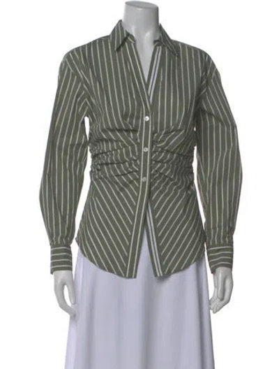 Pre-owned Veronica Beard Striped V-neck Button-up Top In Green