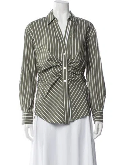 Pre-owned Veronica Beard Striped V-neck Button-up Top In Green