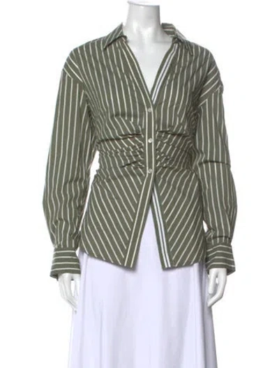 Pre-owned Veronica Beard Striped V-neck Button-up Top In Green