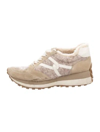 Pre-owned Veronica Beard Suede Faux Fur Trim Sneakers In Neutral