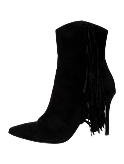 Pre-owned Veronica Beard Suede Fringe Trim Accent Boots In Black