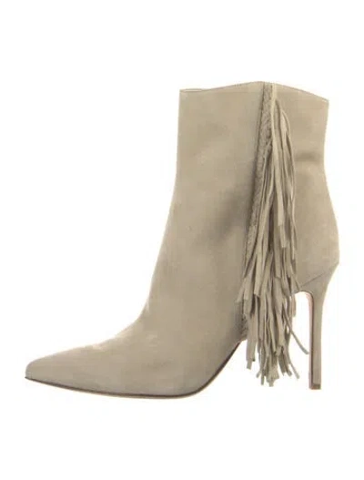 Pre-owned Veronica Beard Suede Fringe Trim Accent Boots In Neutral