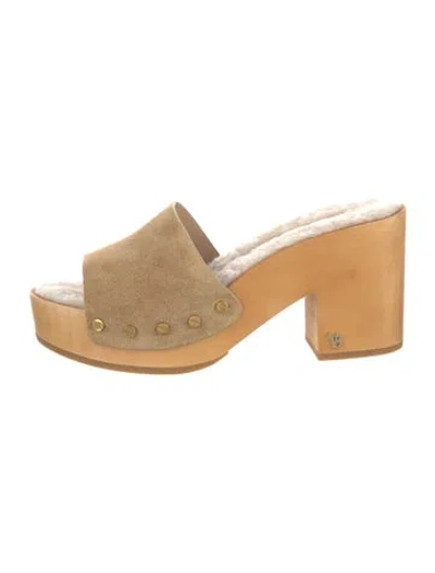 Pre-owned Veronica Beard Suede Fur Trim Slides In Neutral