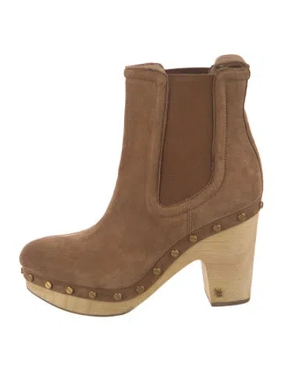 Pre-owned Veronica Beard Suede Studded Accents Chelsea Boots In Brown