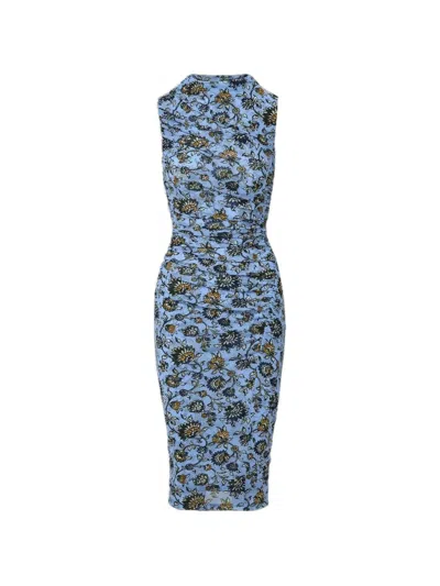 Veronica Beard Sylviani Ruched Floral-print Stretch-tulle Midi Dress In Blue