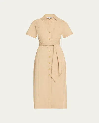 Veronica Beard Tabby Short-sleeve Midi Shirtdress In Stone Khaki