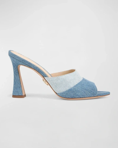 Veronica Beard Thora Bicolor Denim Mule Sandals In Blue Denim Fabric