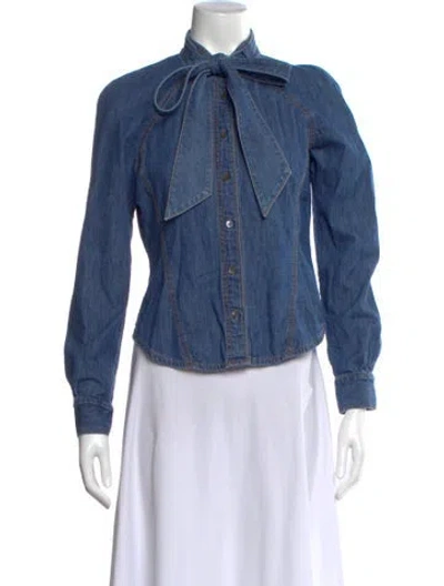 Pre-owned Veronica Beard Tie Neck Long Sleeve Blouse In Blue