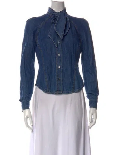 Pre-owned Veronica Beard Tie Neck Long Sleeve Button-up Top In Blue