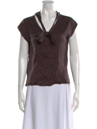 Pre-owned Veronica Beard Tie Neck Short Sleeve Blouse In Brown