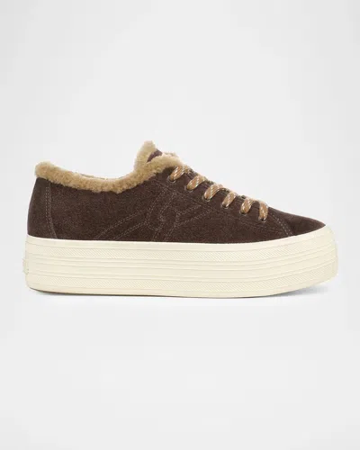 Veronica Beard Truett Shearling-lined Suede Platform Sneakers In Espresso S