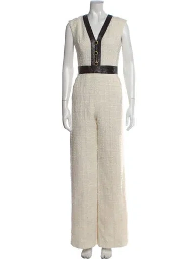 Pre-owned Veronica Beard Tweed Pattern V-neck Jumpsuit W/ Tags In Neutral