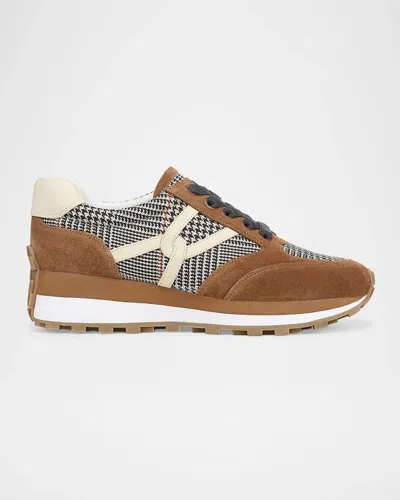 Veronica Beard Valentina Houndstooth Mixed Leather Retro Sneakers In Brown